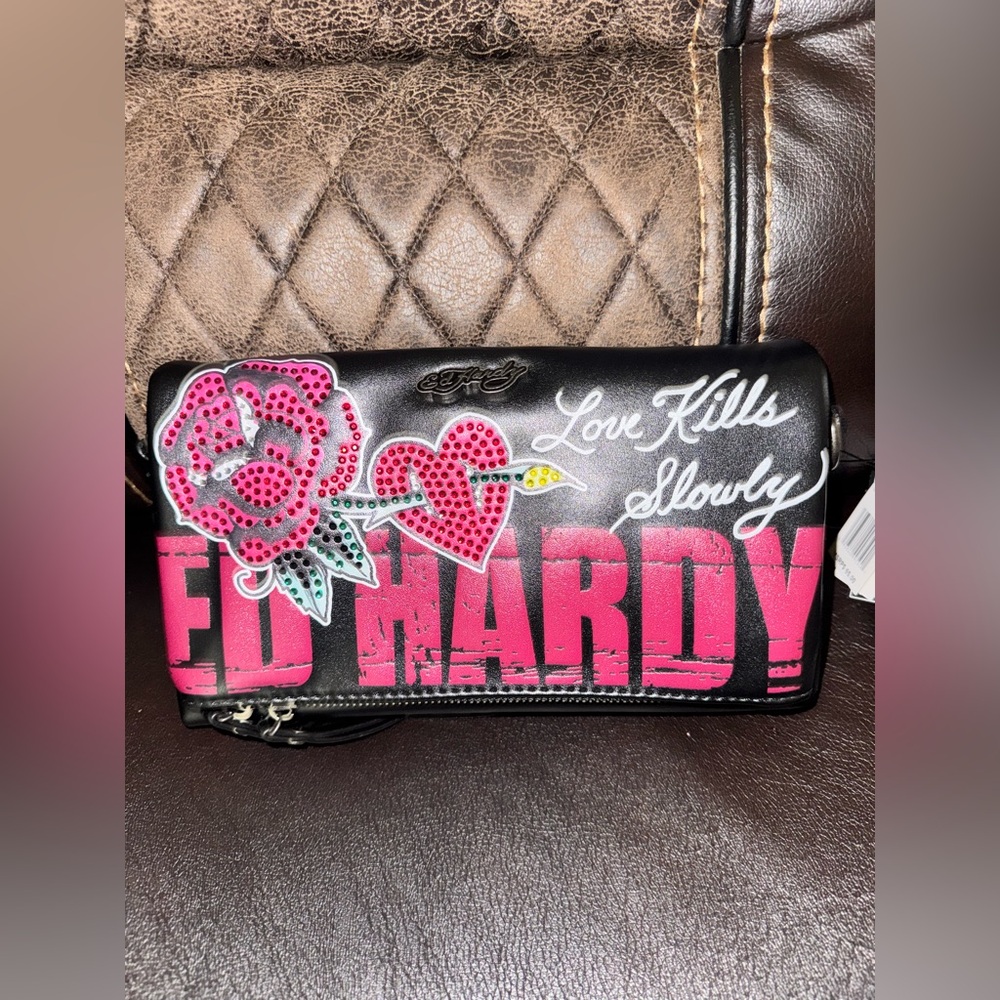 Ed Hardy Love Kills Slowly W/Red Rhinestones Clutch Shoulder Bag & Adjust Strap